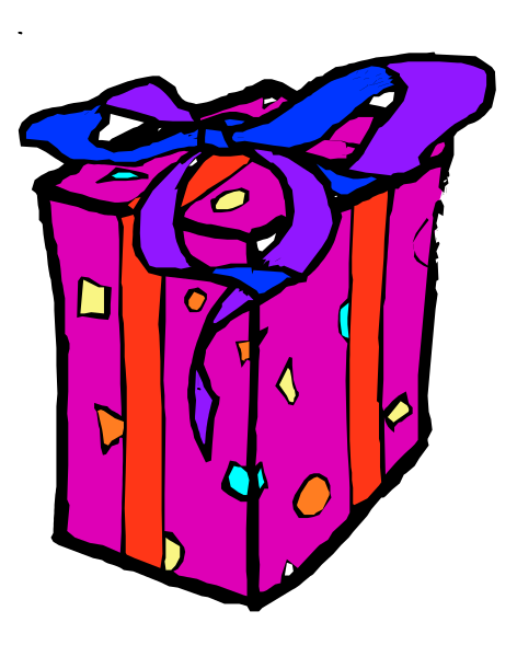 The image shows a purple gift box with colorful wrapping paper on it against a black background.