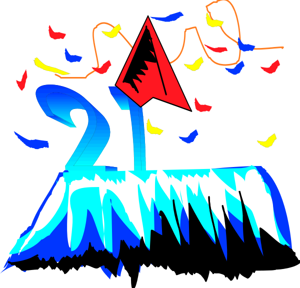 The image shows a colorful graphic with text that reads "21" atop what appears to be an iceberg-shaped structure adorned by confetti in shades of blue, red, yellow, and white; there is also a small bird flying above it on the right side.