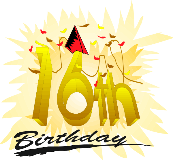 The image shows a birthday greeting with "16th" written on it along with two party hats hanging from either side of an exclamation mark that is placed above the number 16. There's also confetti and streamers in various colors around, suggesting celebration or festivity. In one corner there are three small flags: red, yellow, and blue. The background appears to be a plain white color with no additional details visible from this angle.