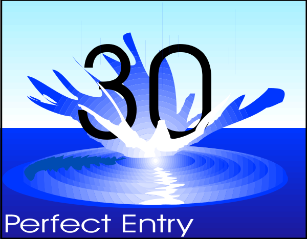 The image shows a digital clock displaying "30" minutes remaining until an event called 'Perfect Entry' is scheduled to start at 12:45 PM on December 8th in what appears to be a room with blue walls and floor, featuring two different views of the same scene. There are no people or animals present; only objects include clock (with time displayed), text ("30" minutes remaining until "Perfect Entry"), date/time stamp at top left corner indicating December 8th, and wall decorations that resemble a blue ocean with waves crashing