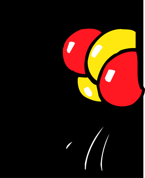 The image shows a cartoon of an airplane with three red balloons attached to it flying against a black background.