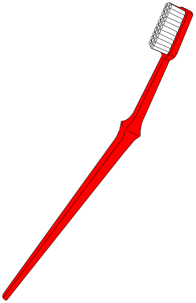 The image shows a red toothbrush with bristles pointing upwards against a black background.