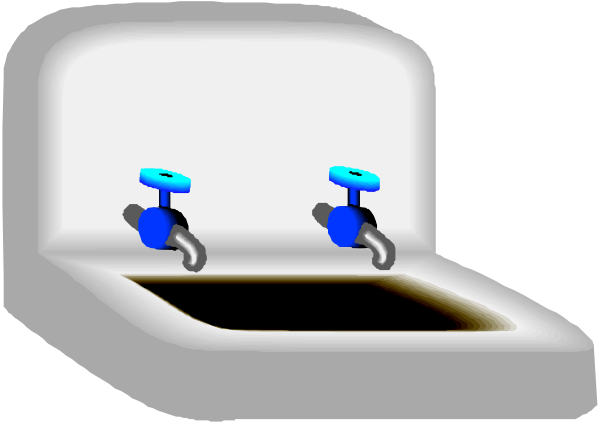 The image shows a cartoon of two blue faucets on either side of an empty sink with no visible handles inside what appears to be a bathroom stall.