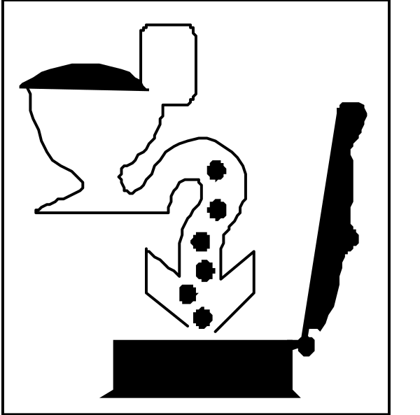 The black and white illustration shows a toilet with an open lid next to it is a sink filled with water containing bubbles that resemble soap suds; above this scene there's a question mark symbolizing curiosity, suggesting someone might be curious about what happens when you flush something down the drain.