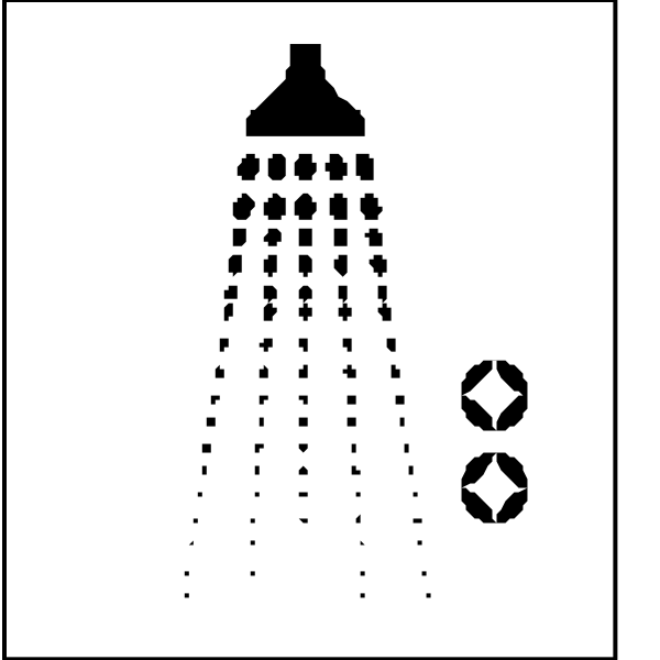 The black and white illustration shows a shower head with water droplets emanating from it on top of an icon depicting two towels hanging side by side below the showers symbol.