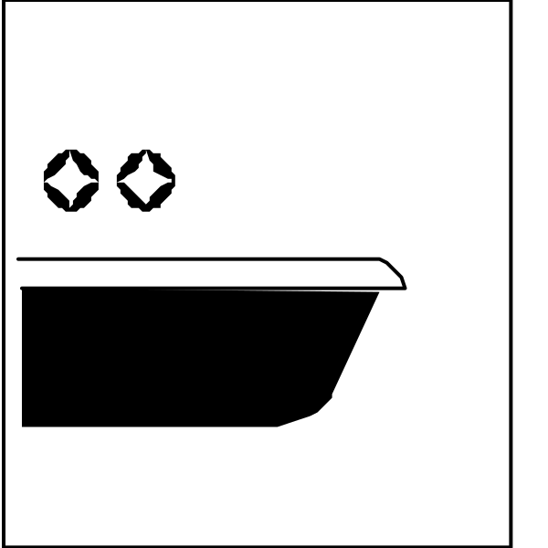 The black and white illustration shows a bathtub with three stars above it on top left corner of an icon that resembles a bathroom sink faucet in bottom right corner.