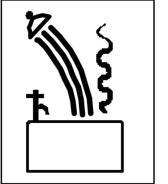 The image shows a black and white icon with symbols representing water pouring from an object that resembles a faucet into another container below it. There is also a small figure of what appears to be a person standing in front of this action, possibly indicating human interaction or use of the device shown above them.