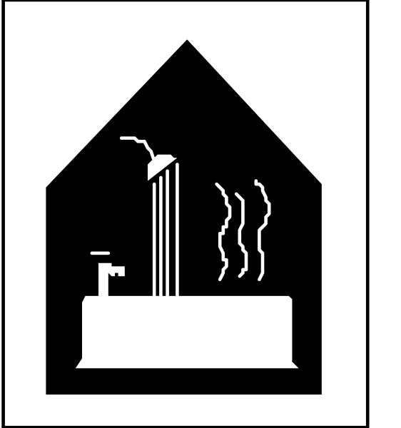 The images show a black and white icon of two different bathroom fixtures: on top is an outhouse with smoke coming out from it; below that is another image showing a toilet bowl without any lid. Both depict sanitation facilities, but one represents outdoor or primitive toilets while the other shows indoor plumbing for waste disposal. The images are simple and do not contain people or animals. They convey information about different types of bathrooms through symbols rather than realistic representations.