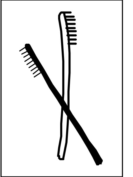 The image shows a black brush with white bristles next to an icon of two crossed toothbrushes on top of each other in front of them is a small comb lying flat against their base.
