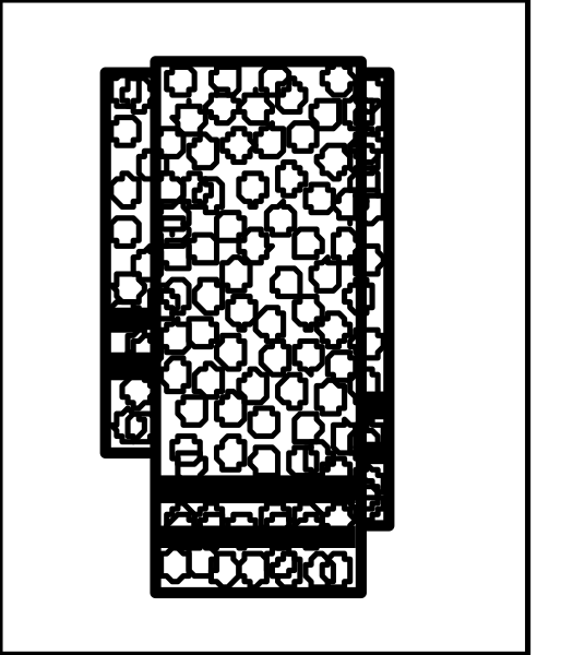The image shows a black and white pixelated illustration of an abstract design that resembles a patterned fabric with various shapes like circles and rectangles arranged in rows on what appears to be a vertical surface, possibly representing clothing hanging up by size order from largest at top left corner downwards towards the bottom right.