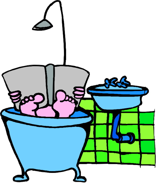 The illustration depicts a bathroom scene with feet soaking in water inside of what appears to be an old-fashioned bathtub filled halfway up; next to it is a sink containing various items, including toothbrushes and soap bars, which suggests that this might also serve as a laundry area. A book rests on the edge of the tub with its pages open, indicating someone was reading before they started soaking their feet or doing chores in the bathroom/laundry room. The floor is tiled blue-green, and there's an old-f
