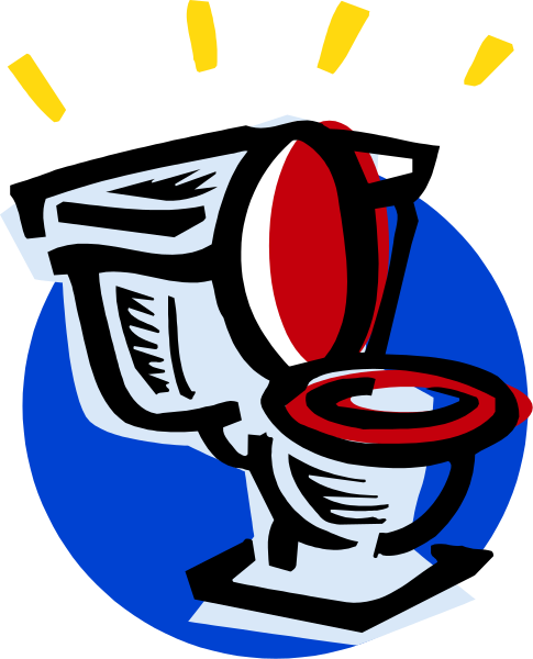 The image shows a cartoon toilet with an open lid next to it on top of which is a red button labeled "flush."