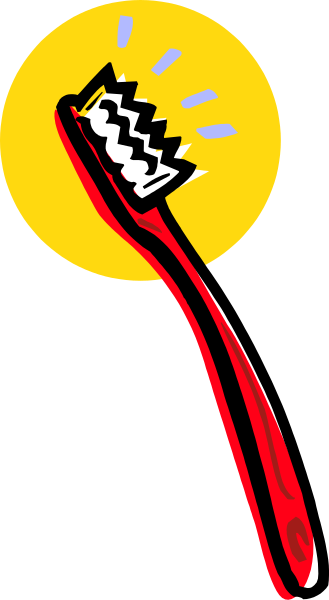 The image shows a cartoon toothbrush with an exaggeratedly large bristle flying through mid-air towards a bright yellow sun in the background.