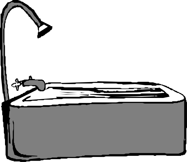 The black and white cartoon shows a bathtub with water inside it next to an open window on top of which sits a faucet handle; there is no visible text in this image.