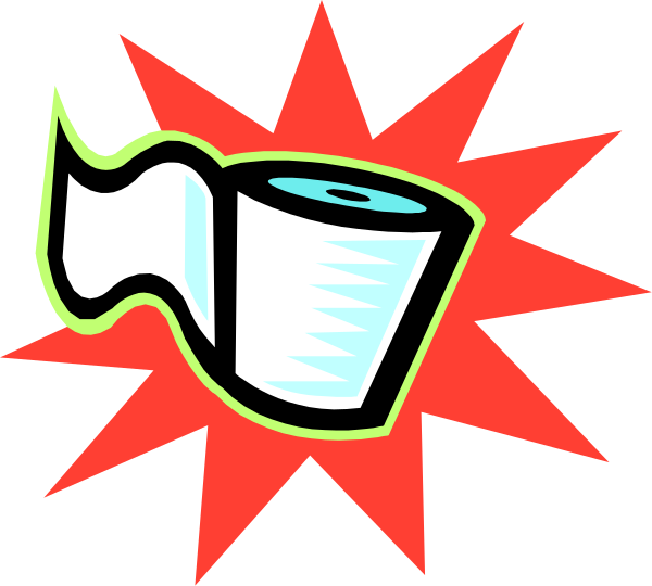 The image shows a cartoon depiction of an explosion with a roll of toilet paper at its center.