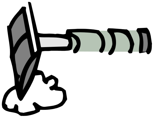 The black and white illustration shows a hammer with an eye on it being hit by another object that appears to be coming from above; there is no text present in this image.