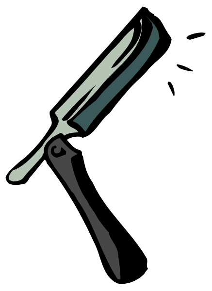 The black and white illustration shows a knife with an open blade pointing upwards against a dark background.