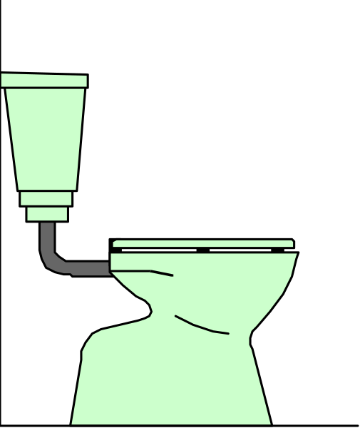 The black and white illustration shows a toilet with an attached plunger on top of it next to what appears to be a pipe leading into its bowl.