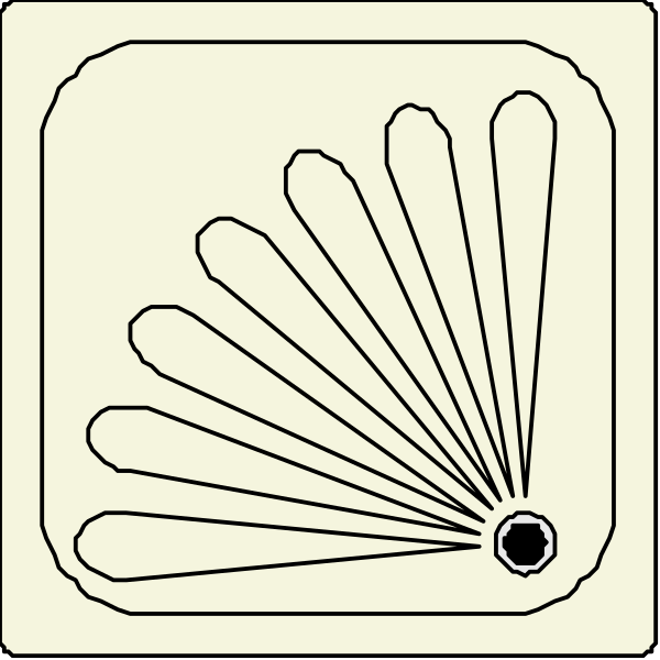 The image shows a black and white line drawing of an abstract design with radiating lines emanating from what appears to be a central point towards various ends that resemble sun rays or spokes on wheels.