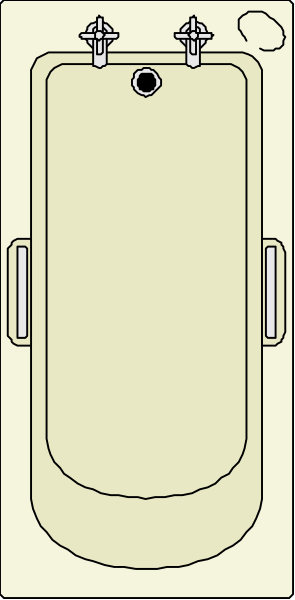 The image shows a simple line drawing of an oval bathtub with two faucets on its sides placed next to each other in what appears to be a bathroom wall.