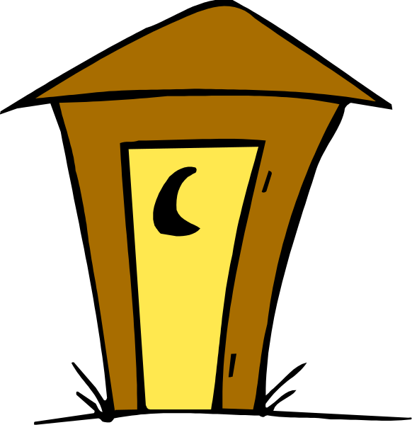 The image shows a cartoon of an open door with a crescent moon above it on top right corner against black background.