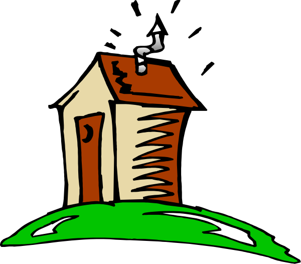 The image shows a black and white illustration of two houses with chimneys on top against an outdoor background that includes trees and grassy areas; there is no text present in this clip-art image.