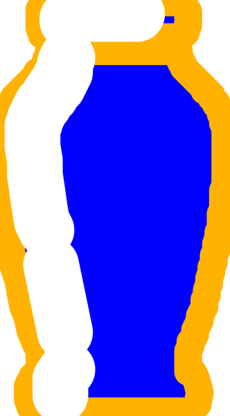The image shows a pixelated representation of an orange vase with blue stripes on it placed against a gray background.