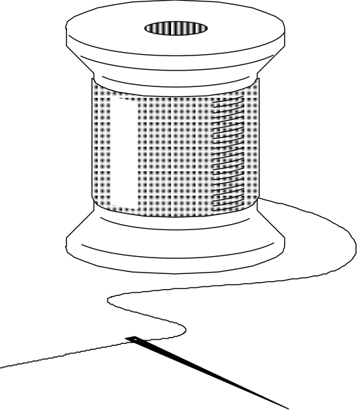 The black and white illustration shows a sewing machine with its needle threaded through an eyelet on top of it.
