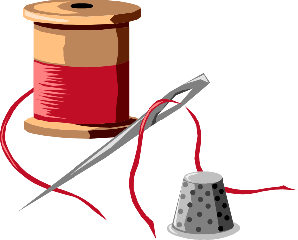 The illustration shows a sewing machine with thread on its spool next to two needles; there is also an unraveled piece of red yarn in front of them.