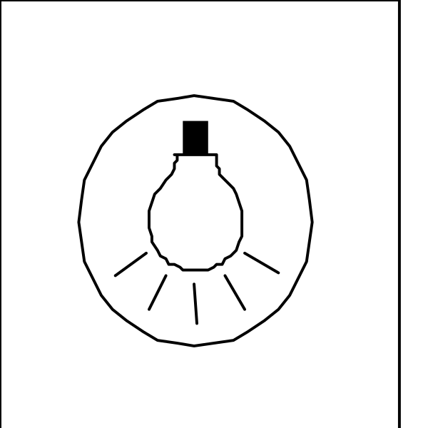 The image shows a black line drawing of an electric light bulb with its filament exposed at both ends against a white background on what appears to be a digital display screen.