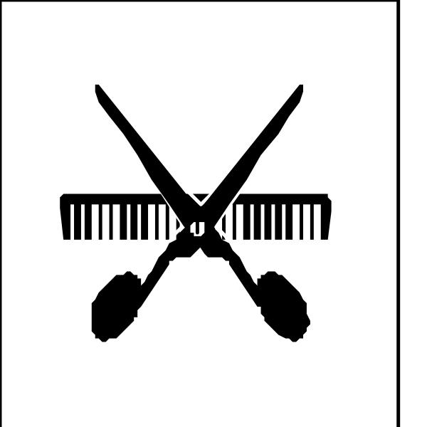 The image shows a pair of scissors with their blades crossed over each other at an angle on top of what appears to be a barber's pole in black-and-white clipart form, set against a white background.