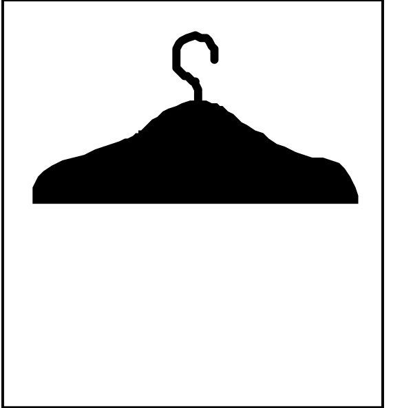 The image shows a black silhouette of an open umbrella with white background on left side and right side has two symbols: one is a coat hanger symbolizing clothing items for sale in storefronts, while other represents gendered restrooms or changing rooms by showing the outline of men's and women's bathroom signs.