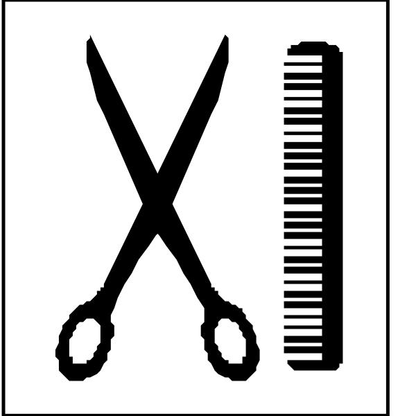 The image shows a black and white icon with scissors on top of it next to a pair of shears, indicating that this is likely an emblem for hairdressing services such as barber shops or salons.