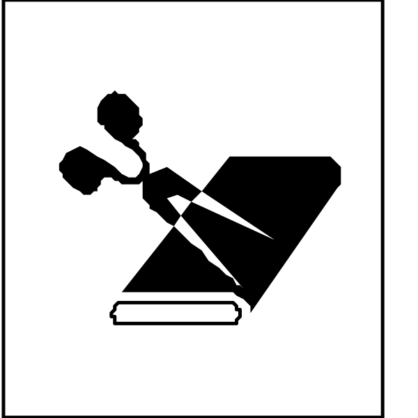 The image shows a black icon of an open book with two pages facing each other on top right corner, indicating reading material; below it is another smaller white square containing three icons: one depicting scissors and paper clips in front of them suggesting cutting or binding materials together, the second showing a magnifying glass over some papers symbolizing examination or research. The overall image seems to be related to education or study resources with an emphasis on reading material preparation for students or researchers.