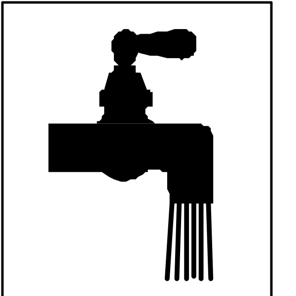 The image shows a black and white icon of an old water faucet with two taps on top; to its right is another smaller graphic that resembles a tap handle in profile view.