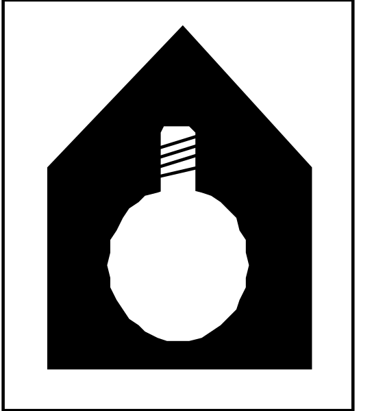 The images show a black and white icon of an electrical outlet with two plugs inserted into it on top left corner and another image showing a light bulb in front of a house symbol below right side.