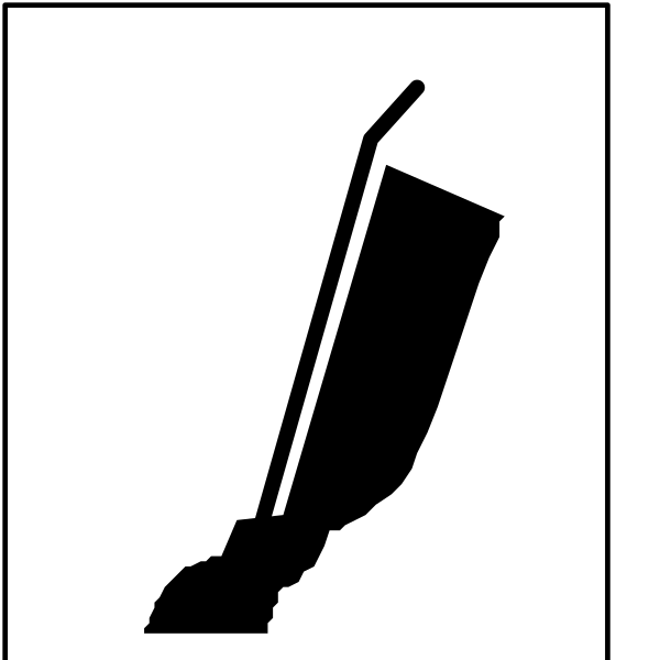 The black and white icon shows a vacuum cleaner with an extension wand on top of it next to what appears to be a dustpan symbolizing cleaning equipment in use.