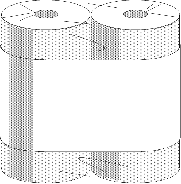 The image shows a black and white illustration of two rolls of toilet paper with their ends facing each other against an unadorned background.