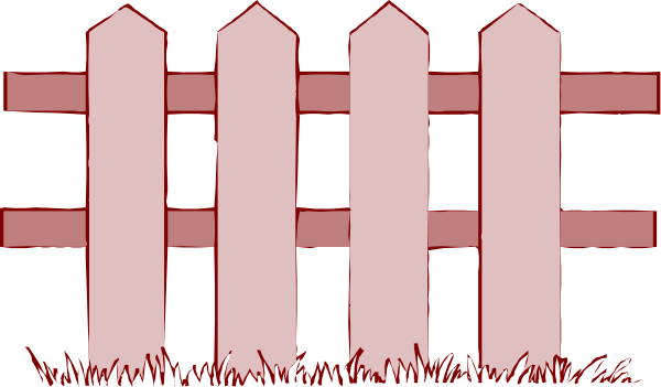The image shows a black and white illustration of three wooden picket fences with red bricks between them forming an archway in front of what appears to be grass on either side.