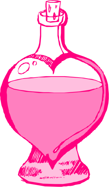 The illustration shows a pink bottle with liquid inside it placed on top of another object that appears to be an open book; both items rest against a gray background.