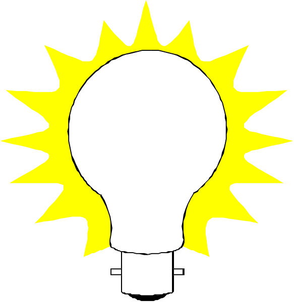 The image shows a black background with two white light bulbs on either side of an orange sunburst graphic that has rays emanating from it in both directions; there is no text present within this clip-art illustration.