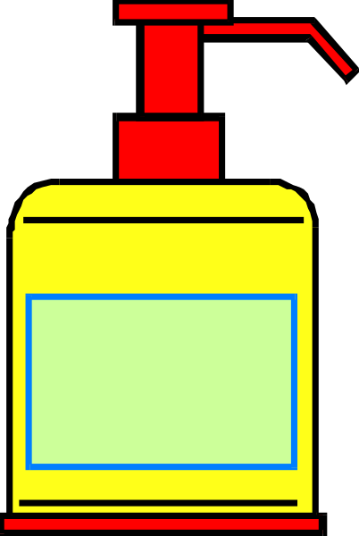 The image shows a soap dispenser with red liquid inside it against a black background.