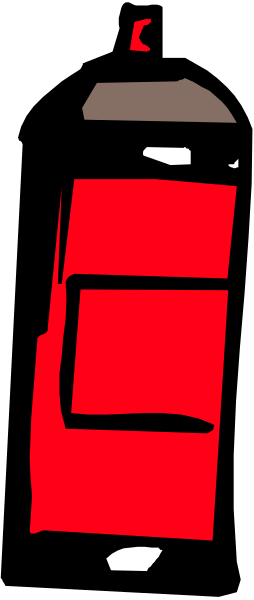 The image shows a red fire extinguisher with black text on it against a grey background.