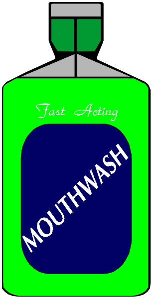 The image shows a bottle of mouthwash with text that reads "MouthWASH" on it against a black background.