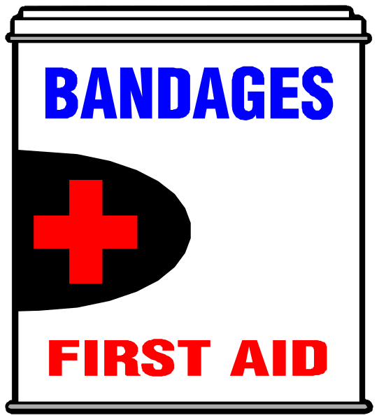 The image shows a first aid kit with an emergency medical services (EMS) logo on it that says "FIRST AID" in red letters against white background inside of which there is a cross symbolizing healthcare, and above this boxed area, another sign reads "BANDAGES."