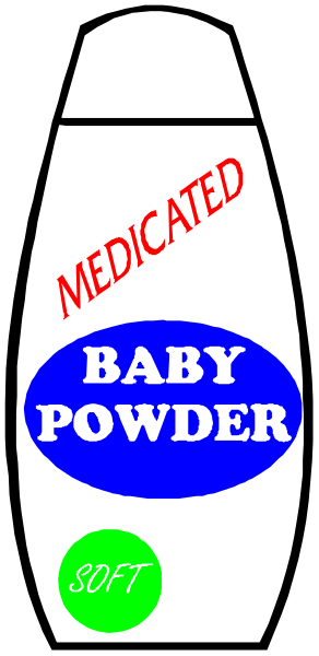 The image shows a cartoon depiction of baby powder with text that reads "BABY POWDER" on it in blue letters against white background at top center; below this is an illustration of a green bottle cap and label, which includes red lettering stating "MEDICATED," the word "SOFT" highlighted by two small dots above it. The overall style suggests that this image may be used for commercial or informational purposes to represent baby powder products with medicinal properties.