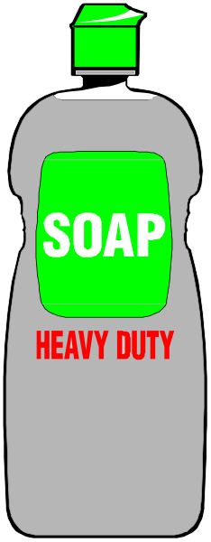 The image shows a bottle of soap with text that reads "SOAP" on it against an indistinct background; there is no other discernible content in this small clip-art illustration.