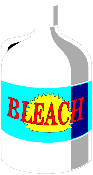 The image shows a clear plastic bottle labeled "BLEACH" with red lettering on it against a black background.