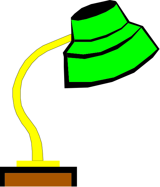 The image shows a black desk lamp with an orange base next to it on a gray surface is a green dollar sign.
