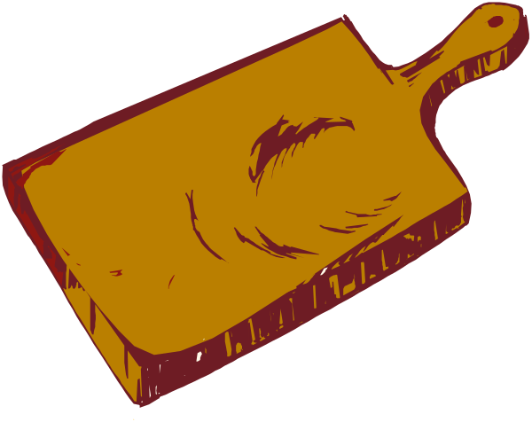 The image shows a wooden cutting board with an illustration of a knife on it next to two other knives that appear damaged in some way; there is no text present within this clip-art graphic.